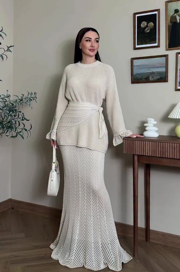 Modest Abaya Dress/Muslim Dress Women Elegant Long Sleeve Midi Dress Set - Flowy Knit Two-Piece Outfit With Bell Sleeves (S-XXL, Beige)_ecoleips.com