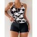 Tankini Two Piece Swimsuit For Women Conservative Shorts Coconut Tree Print Drawstring European American Style Bikini Set_ecoleips.com