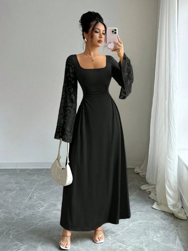 Elegant Square Neck Long Sleeve Midi Dress Vintage Inspired Solid Color Ruffle Cuff Bell Sleeve for Women_ecoleips.com