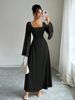 Elegant Square Neck Long Sleeve Midi Dress Vintage Inspired Solid Color Ruffle Cuff Bell Sleeve for Women_ecoleips.com