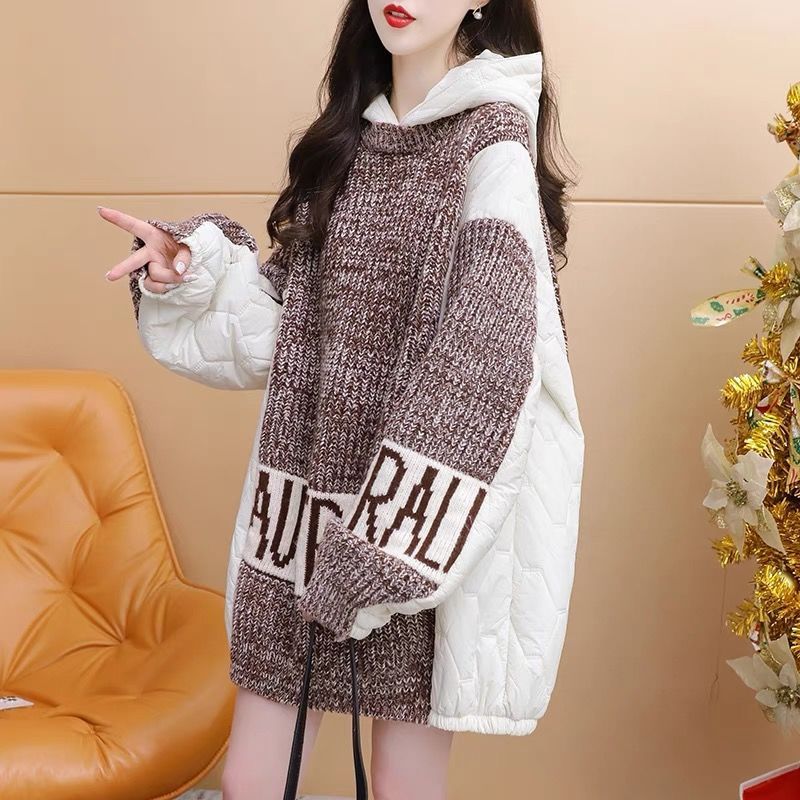 Women's Clothing Fashionable Oversized Hooded Sweater Longline Knit Cardigan Soft Cozy Pullover With Letter Print (Black Letter, Brown Letter)_ecoleips.com