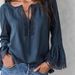 Navy Blue Lace-Collar Cotton-Linen Shirt – Vintage-Inspired, V-Neck, Bell Sleeves & Drawstring Detail_ecoleips.com