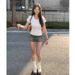 American Pure Cotton White V-neck, Tight-fitting, Waist-cinching, Short-sleeved, Large-sized, Shoulder-length, Slimming, Hot Girl T-shirt_ecoleips.com
