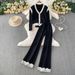 Elegant Winter Vest Set – V-Neck Knit Sweater + High-Waist Lace Pants (Beige/Black/Charcoal/Brown, One Size Fits Most)_ecoleips.com