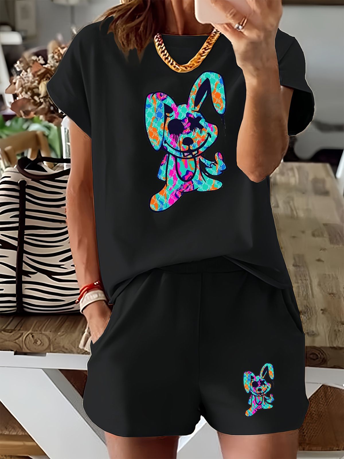 Women’s 2 Piece Outfit Set – Oversized Graphic T-Shirt And Biker Shorts Matching Set, Casual Summer Lounge Tracksuit For Daily Wear-345_ecoleips.com