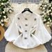 Elegant French Style Women's Top Round Neck Lantern Sleeve Rhinestone Embellished Fitted Waist Versatile Fashion Blouse For Autumn_ecoleips.com