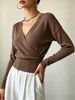 Coffee Brown Deep V Wrap Pit Rib Knit Sweater, Loose Lightweight Breathable Soft Skin-touch Long Sleeve Slim Waist Pullover_ecoleips.com