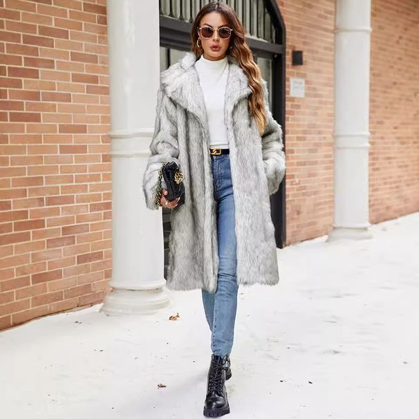 Elegant Long Faux Fur Coat – Suit Collar Plush Winter Coat In Short Snow Fox, Beige & Greyish_ecoleips.com