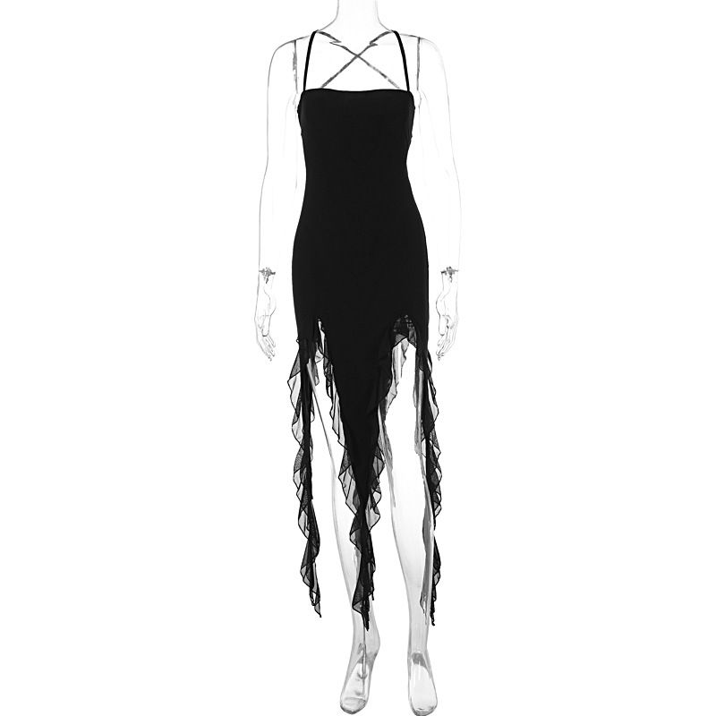 New Arrival Women Backless Irregular Dress Lace Mesh Splicing Ruffle Hem Elegant Fashion Outfit For Ladies Daily Casual Wear_ecoleips.com