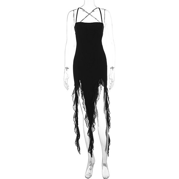New Arrival Women Backless Irregular Dress Lace Mesh Splicing Ruffle Hem Elegant Fashion Outfit For Ladies Daily Casual Wear_ecoleips.com