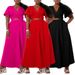 N8078 Women's Fashion 2025 Spring/Summer New Solid Color Bell Sleeve V-neck Split Two-piece Set_ecoleips.com