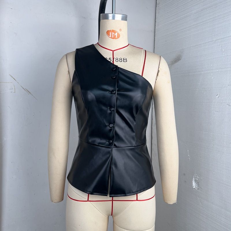 Women’s Sexy Off-Shoulder PU Leather Vest – Single-Breasted & Stylish (Black, S-L)_ecoleips.com