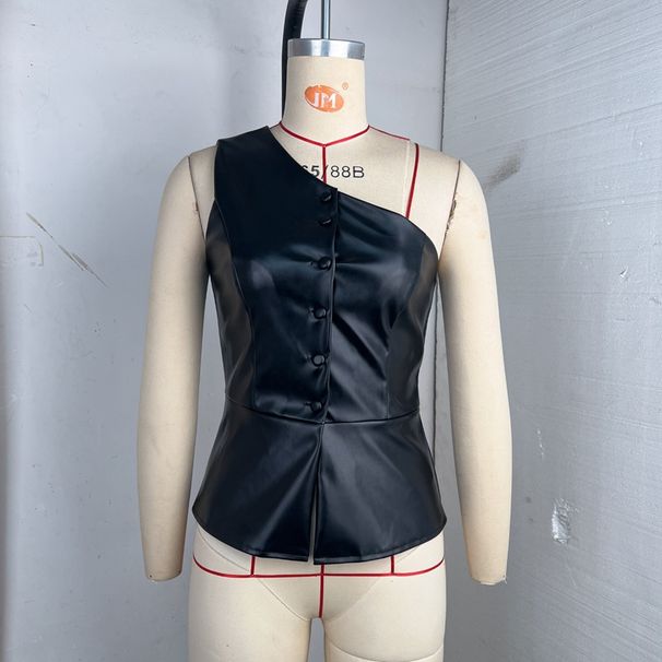 Women’s Sexy Off-Shoulder PU Leather Vest – Single-Breasted & Stylish (Black, S-L)_ecoleips.com