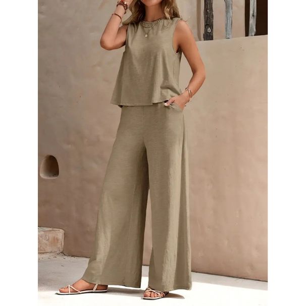 Women's Elegant Two-Piece Suit Solid Color round Neck Vest & Wide Leg Pants Set for Autumn Winter Cross Neck Wide Leggings Outfit_ecoleips.com