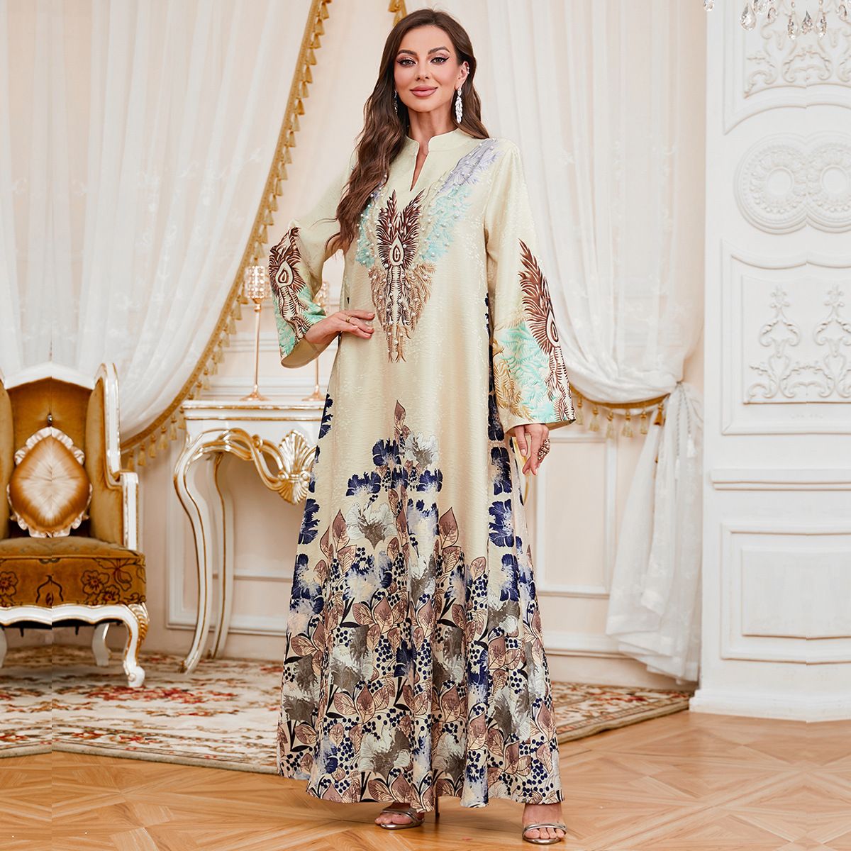 Muslim Dress Women Elegant Middle Eastern Abaya Dress – Flowing Long Sleeve Maxi Dress With Embroidery & Floral Print, Comfortable Polyester Fabric_ecoleips.com