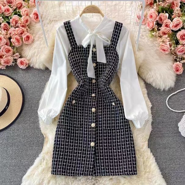 Women's temperament bow tie shirt two-piece suit tweed plaid suspender dress_ecoleips.com