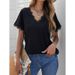 Summer Solid Color T-Shirt Women's V-Neck Lace Patchwork Casual Short-Sleeved Base Layer Top_ecoleips.com
