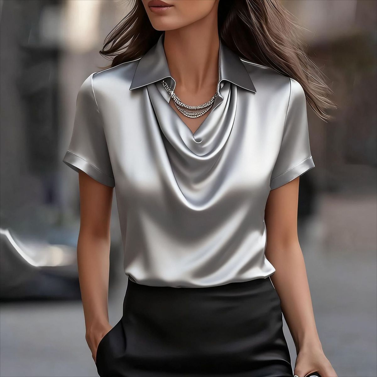 Elegant Draped Neck Short-Sleeve Blouse – Lightweight Polyester Women's Top For Work & Casual Size Democracy_ecoleips.com