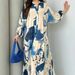 Elegant V-Neck Floral Print Maxi Dress With Long Sleeves – Comfortable Loose Fit For Casual & Office Wear_ecoleips.com