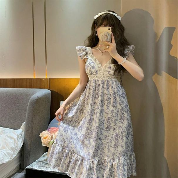 Mid-Length Nightdress With Chest Pads For Women, Summer Fly Sleeve Lace Trim High-End Floral V-Neck Pure Desire Style_ecoleips.com