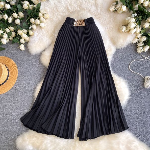 Summer Wide-Leg Pants – Elastic Waist Flowy Trousers With Pleated Hem, Lightweight & Airy (One Size, Black/Beige)_ecoleips.com