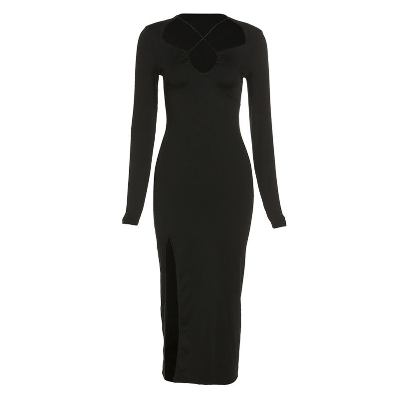 Fashion Long Sleeve Sexy Hollow Out Low Cut Slim Fit Split Dress Elegant Party Evening Bodycon Dress For Women_ecoleips.com