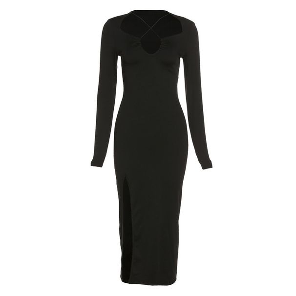 Fashion Long Sleeve Sexy Hollow Out Low Cut Slim Fit Split Dress Elegant Party Evening Bodycon Dress For Women_ecoleips.com