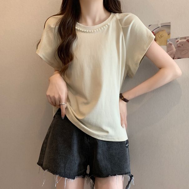 Women's Clothing Fat Mm Summer Design Niche Beaded Bubble Sleeve Top Versatile Slim Short Sleeved T Shirt Bottoming Shirt_ecoleips.com