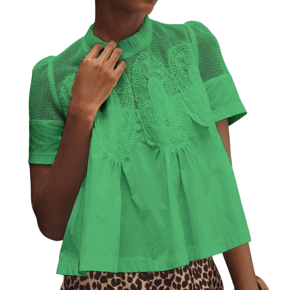 Women's Round Neck Embroidered Lace Top With Short Sleeves Loose Fit Solid Color_ecoleips.com