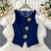 Women's Stylish Outfit Sleeveless Denim Vest High Waisted Wide Leg Pants Set Sophisticated Design round Neck Metal Buckles_ecoleips.com