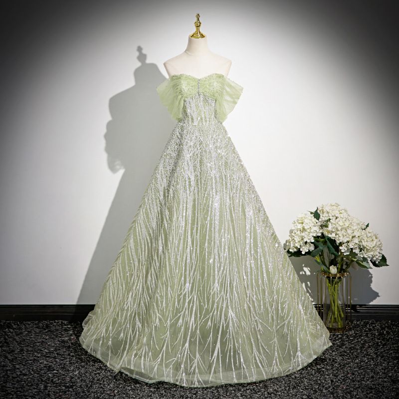 Women's Clothing Elegant Off-Shoulder Ball Gown Dress A-Line Princess Sleeve Formal Evening Dress For Birthday, Banquet Performance (Green, XS-XXL)_ecoleips.com