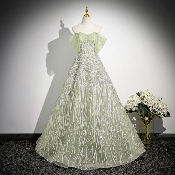 Women's Clothing Elegant Off-Shoulder Ball Gown Dress A-Line Princess Sleeve Formal Evening Dress For Birthday, Banquet Performance (Green, XS-XXL)_ecoleips.com