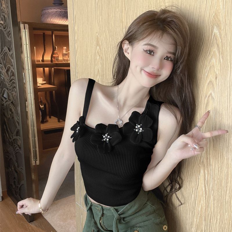 Sexy Chic Slimming Camisole For Women Summer New Vintage 3D Floral Off-Shoulder Short Top Ins_ecoleips.com
