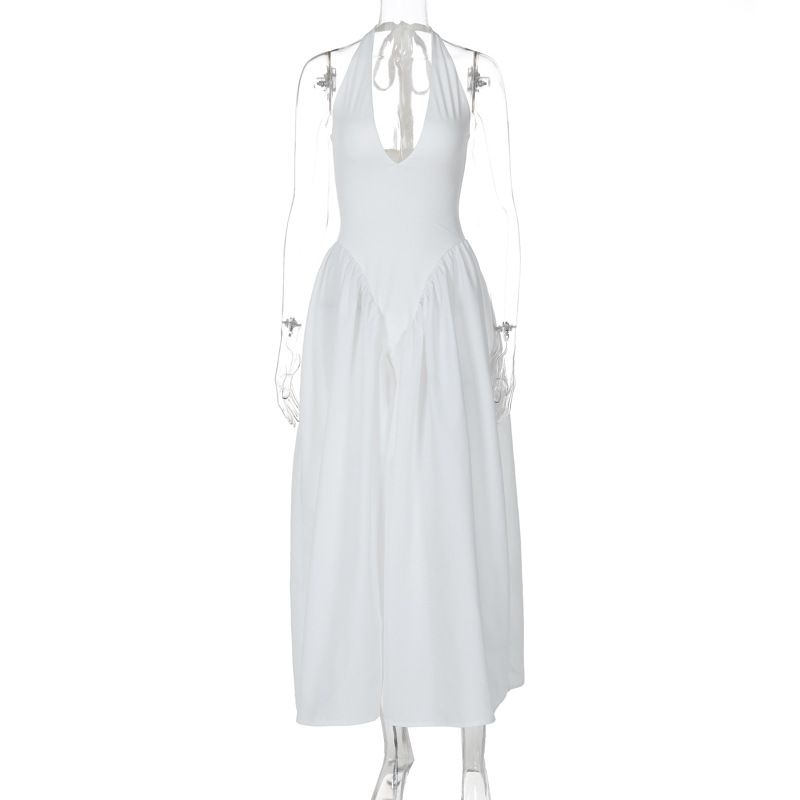 K New Pure Color Sexy Deep V Cutout Neckline Bodice Dress With Flared Skirt Women's Fashion_ecoleips.com