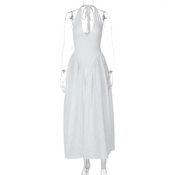 K New Pure Color Sexy Deep V Cutout Neckline Bodice Dress With Flared Skirt Women's Fashion_ecoleips.com