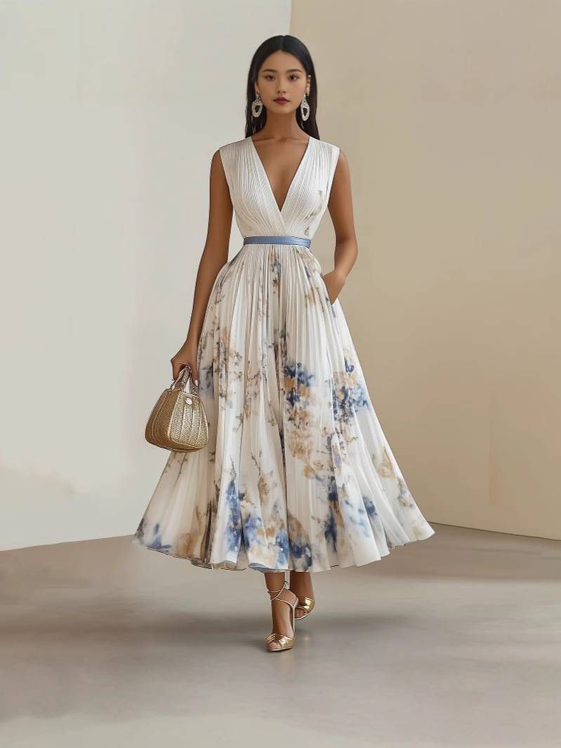 Women's Clothing Digital Printing V Neck Sleeveless Pleated Dress Long Skirt_ecoleips.com