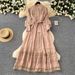 Women's Clothing Vintage French-Style Lace Trim Dress – Corset Tie Waist, Lantern Sleeves, Elegant Midi Dress (Brown/Black/White, One Size Fits Most)_ecoleips.com