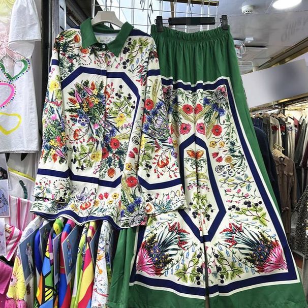 Women's European Style Printed Two Piece Set Designer Loose Fitting Long Sleeved Thin Shirt Top With Elastic Waist Wide Leg Trousers_ecoleips.com