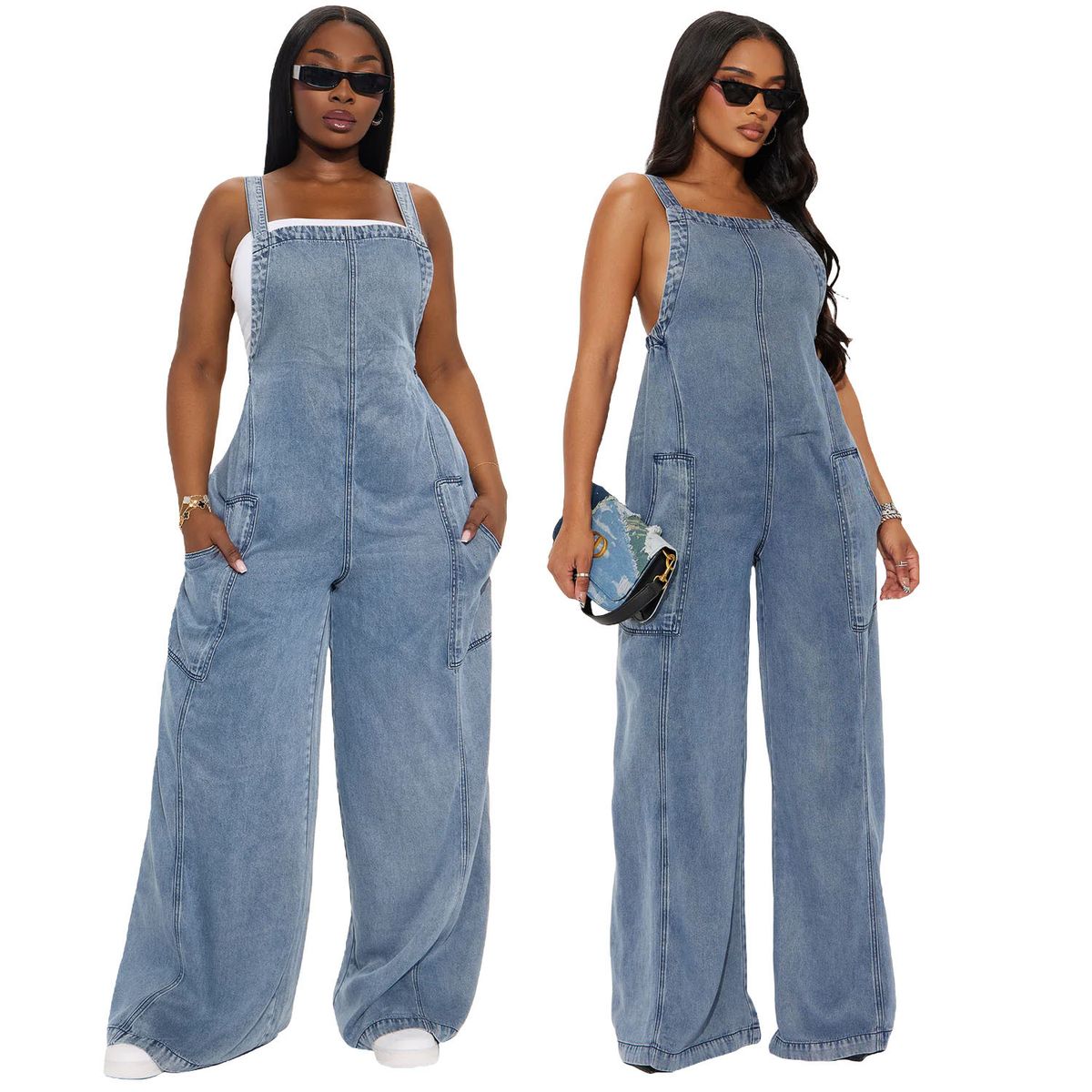 Women's Fashion Washed Denim Jumpsuit American Style Wide Leg Overalls Long Pants_ecoleips.com