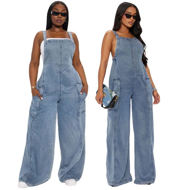 Women's Fashion Washed Denim Jumpsuit American Style Wide Leg Overalls Long Pants_ecoleips.com