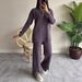 Spring Women's Pure Color Knit Set With Zipper, High Neck, And Striped Design-Two-Piece Home Wear Set_ecoleips.com
