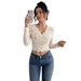 European And American Cross-border Independent Website 2026 Spring New Women's Solid Color Sexy Lace V-neck Long-sleeve_ecoleips.com