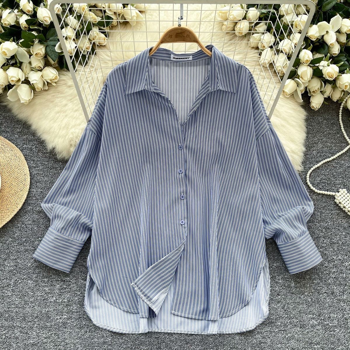 Women's Classic Striped Button-Down Shirt Versatile Crew Neck Blouse Long Sleeves Pink Black Yellow Light Blue Khaki Navy_ecoleips.com