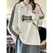 Retro Striped Polo Collar Long-sleeve Sweatshirt Women, New Autumn Style, High-end Letter Print Loose Top For Middle And_ecoleips.com