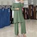 Muslim Two Piece Set Women Clothing Tracksuit Temperament Elegant Solid Color Long Sleeve Shirt Wide Leg Pants Suit_ecoleips.com