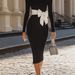 Women's Clothing Long Sleeve V Neck Solid Color Bow Tie Dress Bodycon Maxi Skirt_ecoleips.com