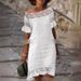 Women's Clothing Off-Shoulder Short Sleeve Dress American Style Solid Color Lace Trim Casual Elegant Fashion Thin_ecoleips.com