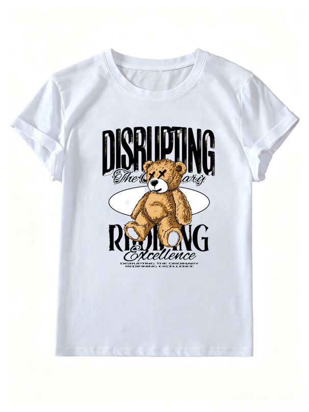 Retro Mixed Script Bold Font Toy Bear Quote Print Women Crew Neck Short Sleeve Trendy Streetwear T-shirt_ecoleips.com