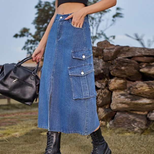 Women's Clothing Hottie Elastic Waist Denim Workwear Casual Mid Length Skirt_ecoleips.com