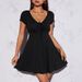 Summer Women's Pure V Neck Dress Alluring French Style Slim Fit Elegant Design Waist Cinching Skirt with Bow_ecoleips.com